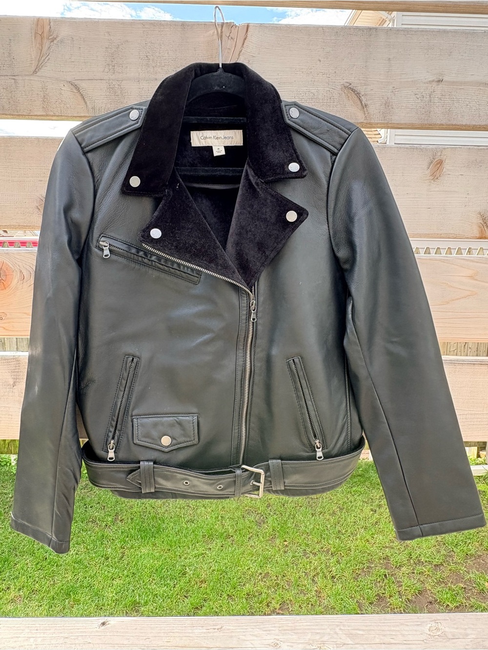 Calvin Klein Jeans Black Leather Moto Jacket with Suede Collar